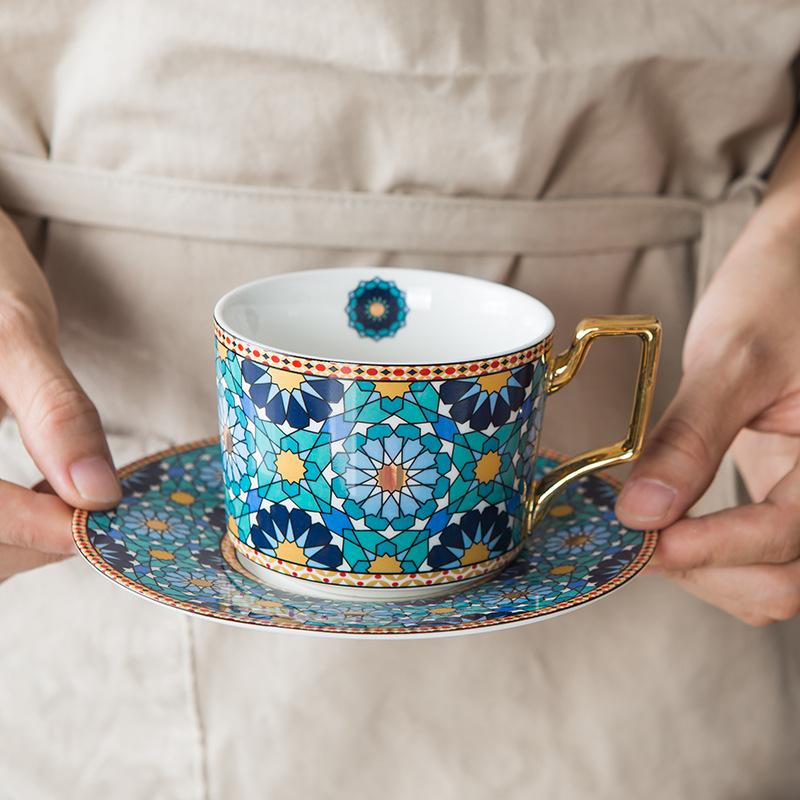 Moroccan Style Luxury Coffee Afternoon Tea Cup Ceramic Cup and Saucer Set Exquisite Cappuccino Coffee Milk Breakfast Cup 250ml