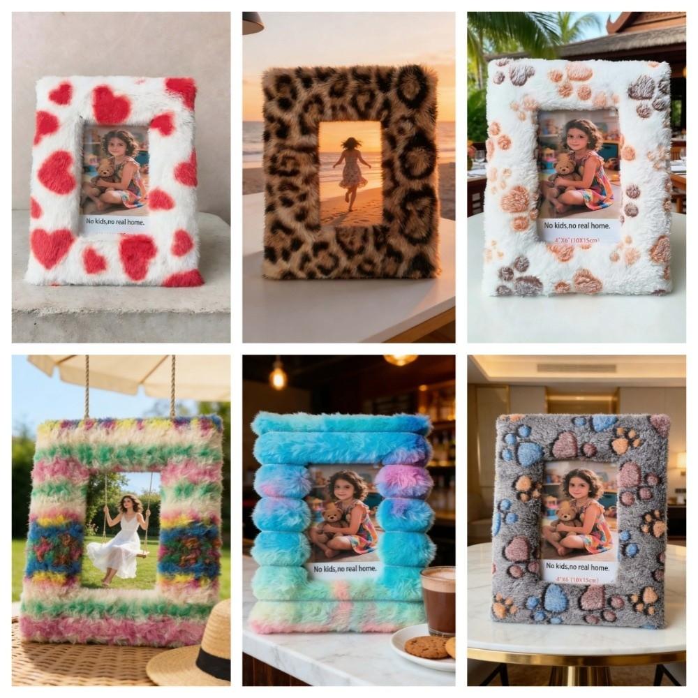 Heart Plush Photo Frame Leopard Print Creative 6/7/8 Inch Picture Frame Soft Puppy Paw Picture Frame Ornaments Living Room Decor