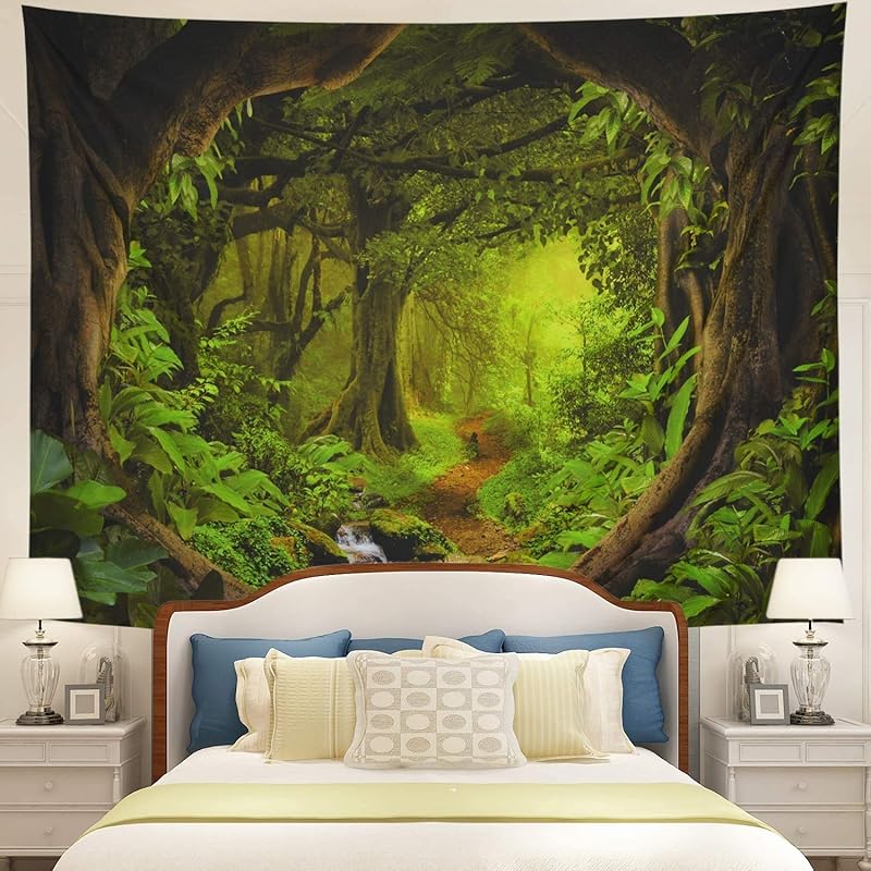 Tushelia Forest Tapestry Psychedelic Tree Cave Tapestries Fantasy Nature Landscape Backdrop Tapestries Stream Through Rainforest Jungle Tapestry Wall 41.7 L x 48 W