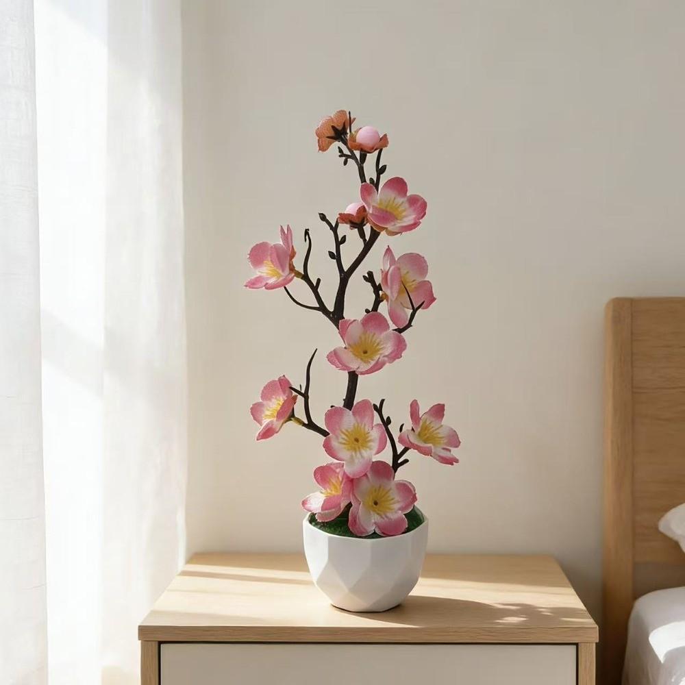 Small Fake Wintersweet Flower Bonsai with White Pot Artificial Faux Plants Indoor Decoration