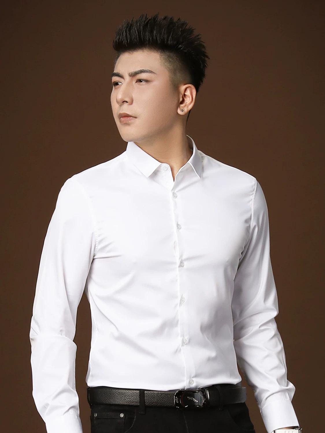 

European Style Solid Color Long-Sleeve Shirt, Trendy Men s Fashion Top, Slim-Fit Base Shirt, Casual High-End Shirt XL белый