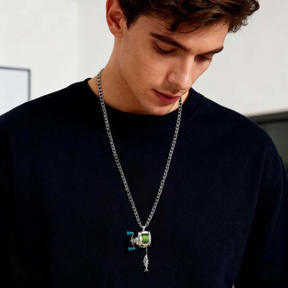 Rotatable Fishing Reel Necklace Luxury Men Neck Pendant Neck Chain Fishing Reel Ring  Fishermen