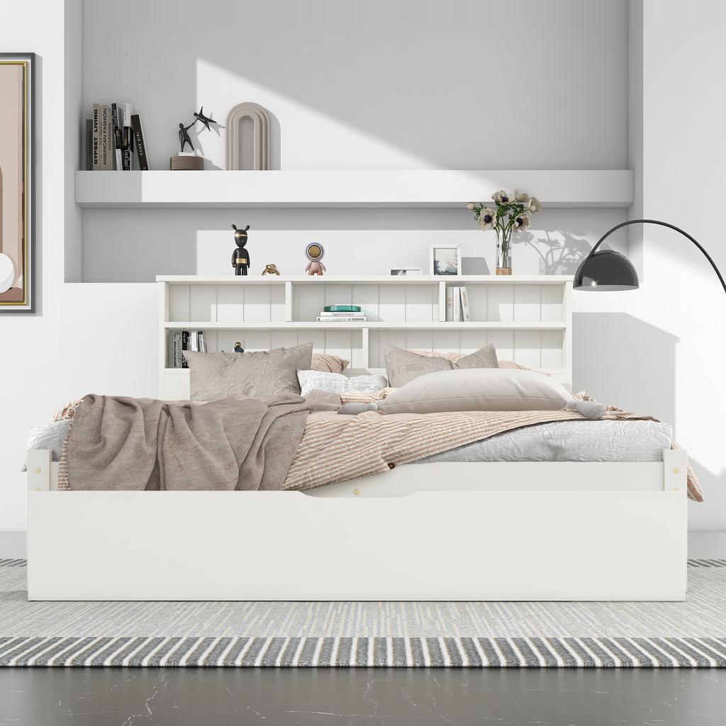 Solid Wood Double Bed with Drawers and Slatted Frame, Bookshelf Youth and Adult Children's Bed, 140x200cm White