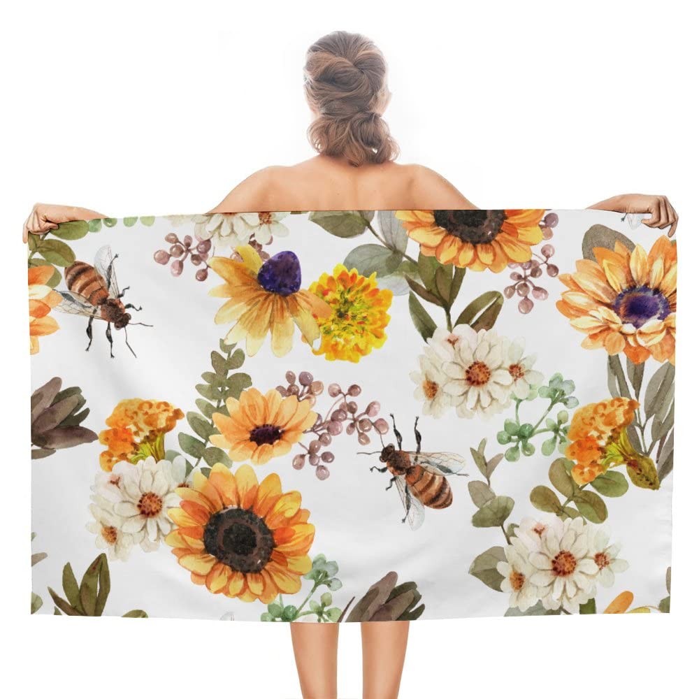 Landsbygd Honungsbin Vildblommor Tryck Sandfritt Strandhandduk för Snabbtorkande Absorberande för Pool Simning Sport Badrum Strandhanddukar