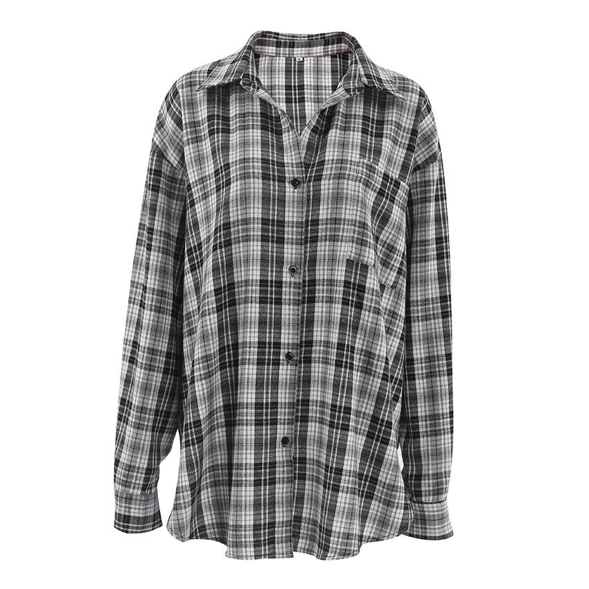 American fashion retro black and white plaid shirt women's medium and long niche outer stacked shirt oversiez women's clothing