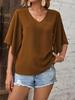 2025 Summer Women's V-Neck Batwing Sleeve Top - Solid Color Fashion