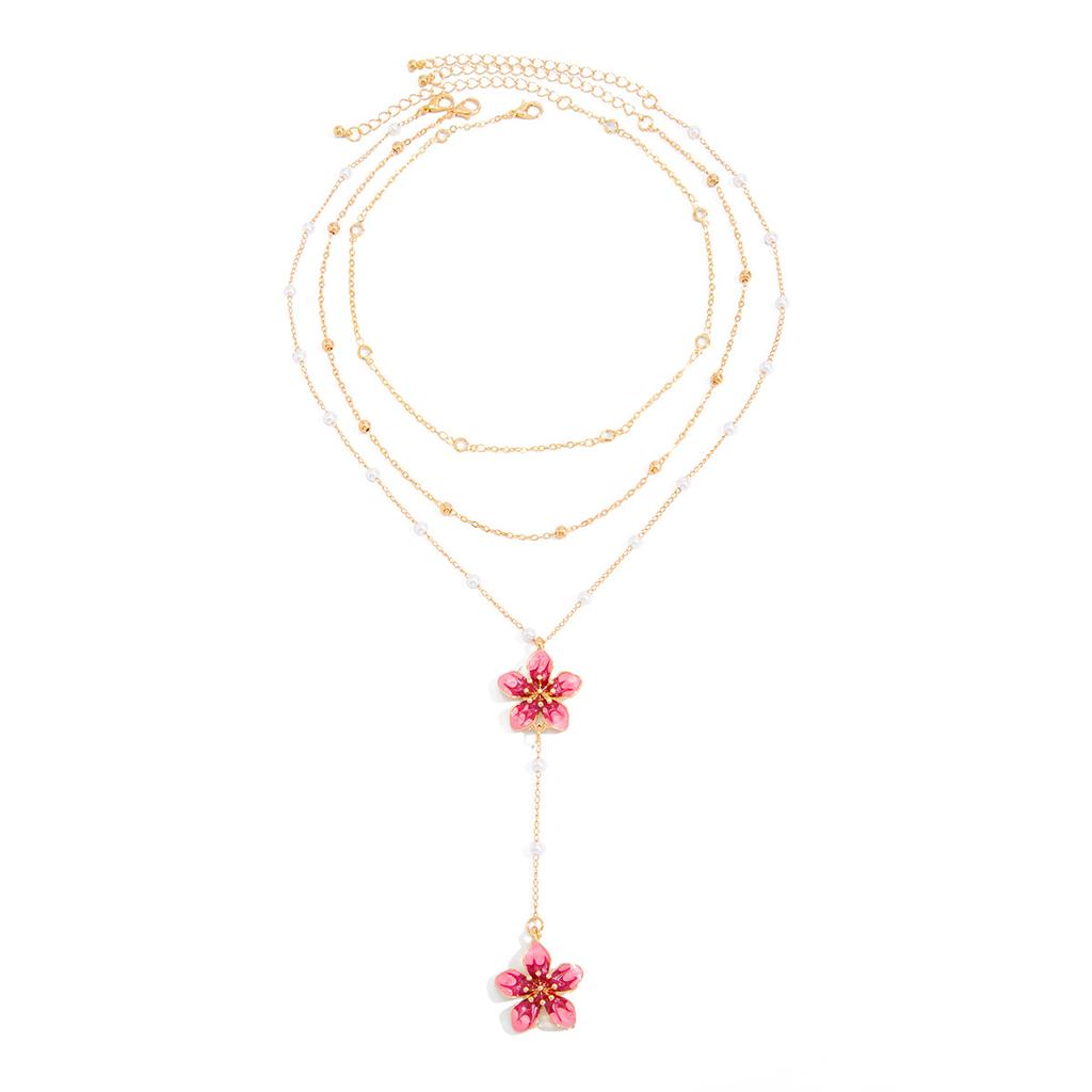 Sweet Cool Ins Oil Drop Flower Pendant Necklace, Faux Pearl Thin Chain Stackable Clavicle Chain For Women
