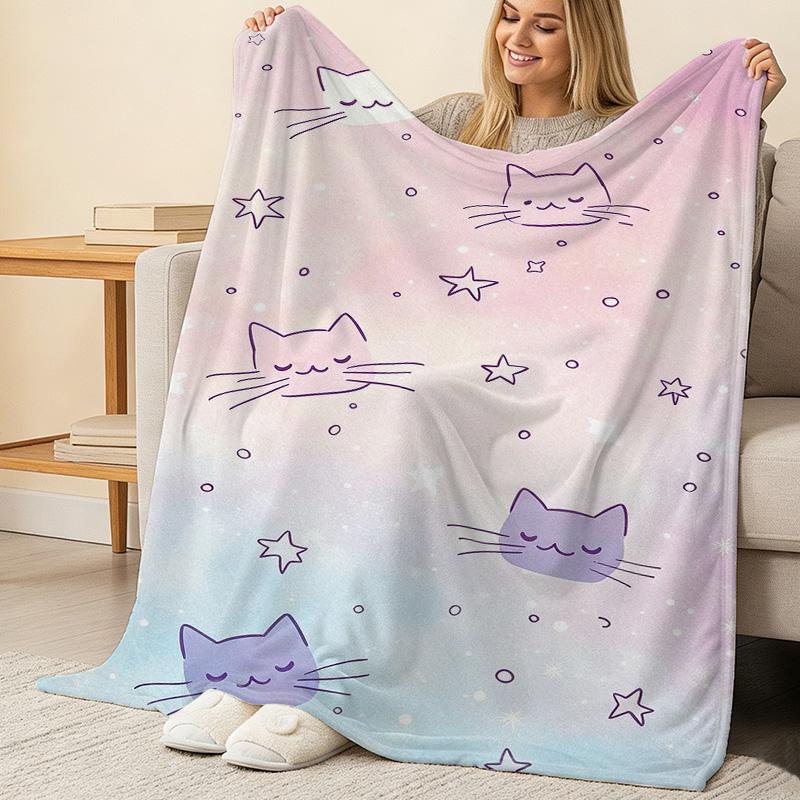 Cartoon Cat Flannel Fleece Blanket - Soft Warm Cozy Gradient Star Pattern for Home Couch, Halloween Christmas Gift