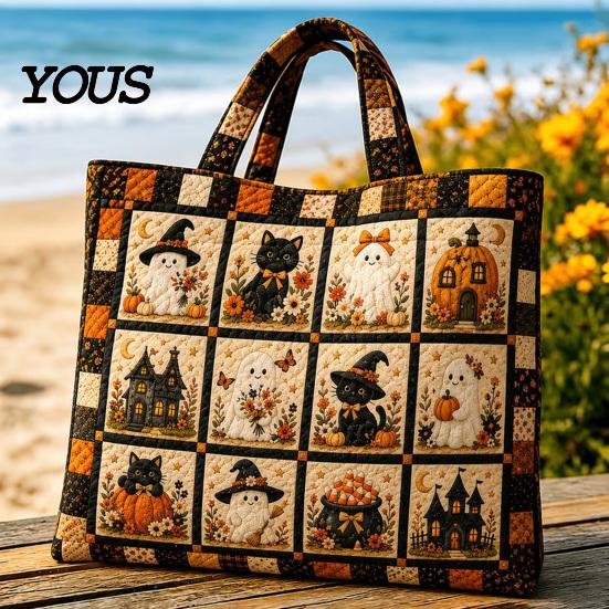 Katzenmotiv Wiederverwendbare Einkaufstasche Halloween Gesteppte Tragetasche, Kürbis Geist Aufdruck Schulter Leichte Pendler Tasche Polyester Handtasche für Freizeit