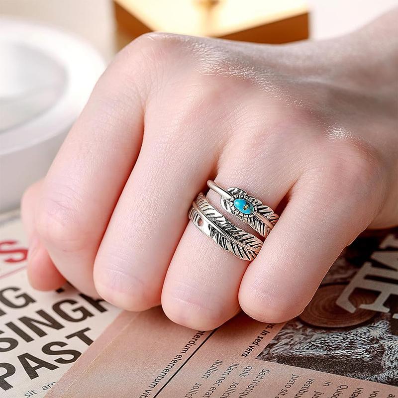 Huitan Personality Feather Shape Opening Rings for Women Anti Silver Color Imitation Turquoise Vintage Female Ring Party Jewelry