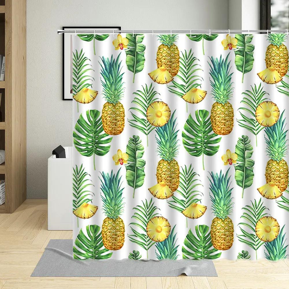 Tropical Pineapple Shower Curtains Watercolor Fruit Leaves Palm Leaf Flower Plant Bath Curtain Sets Modern Fabric Bathroom Decor