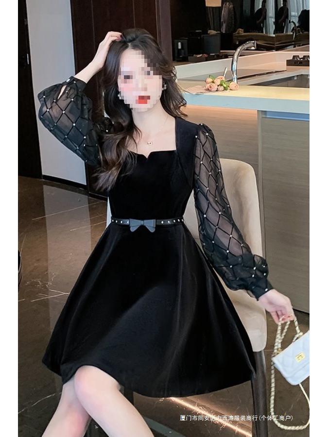 Women's Black Velvet Long Sleeve Mini Dress - Square Neck, Slimming A-line, Hepburn Style, Autumn