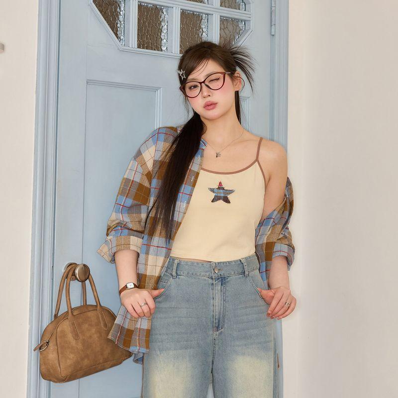 Zhang Ren Plus Size Women s Clothing Slightly Oversized Girls Slimming Suit Autumn Clothing Vitality Retro Style Shirt Coat Ripped Denim Sling Top L