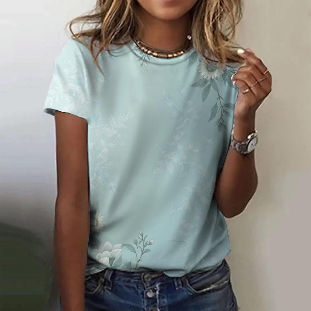 2025 New Summer Temperament Women's Floral Blue Printed Women's T-shirt Round Neck Short Sleeve Street Casual Daily Basic Tops