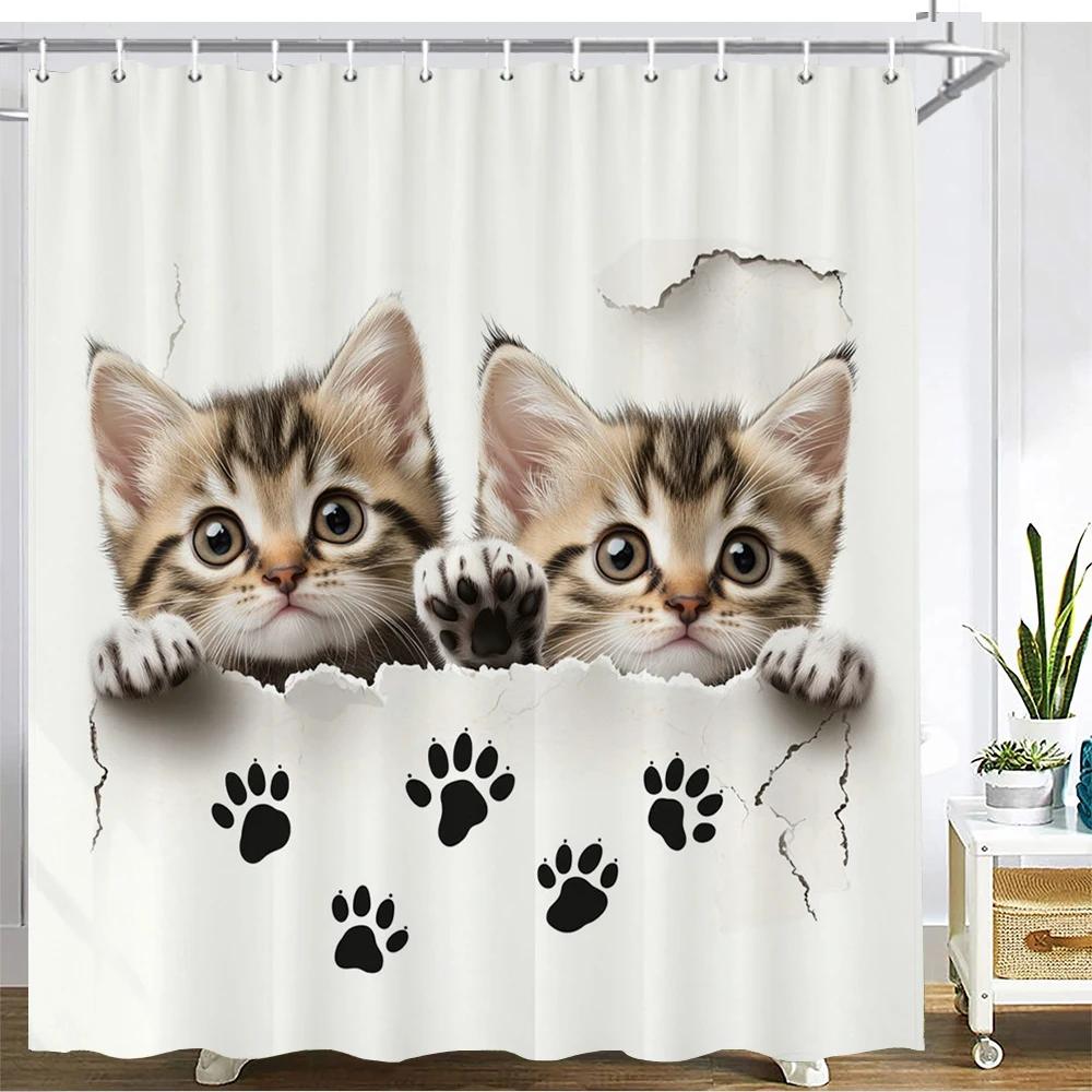 

Creative And Interesting Cat Shower Curtain Printed Fabric Cartoon Lovely Cat Bathroom Curtain Bathtub Home Decoration Curtain W60H190(CM)-1 Pcs