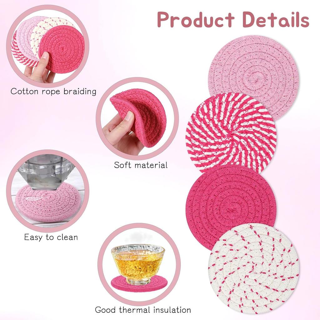 Pink Woven Coasters, 4.13in/10.5cm Round Pink Coaster for Desk Cute Coasters Set of 4 for Kitchen Dining Coffee Table Desk Accessories Aesthetic