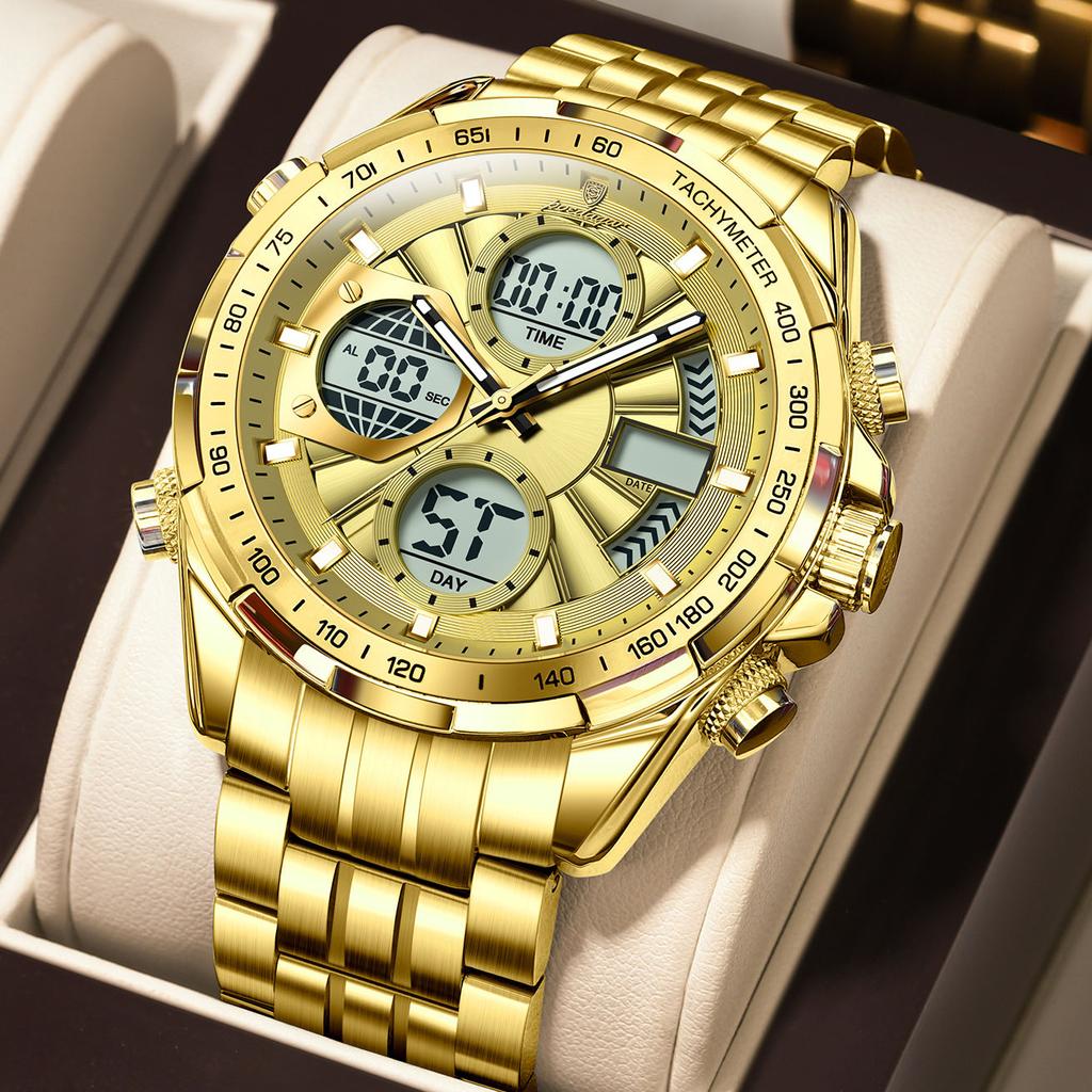 POEDAGAR E108 Fashion Men's Watches Luxury Stainless Business Quartz Digital Wristwatch Waterproof Man LED Dual Display Watch