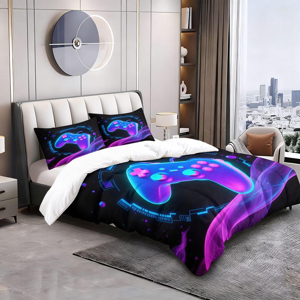 2/3Pcs Neon Gaming Controller Duvet Cover Set(1 Duvet Cover & 1/2 Pillowcase) Soft Bedding Set For Teens Gamer Bedroom Decor