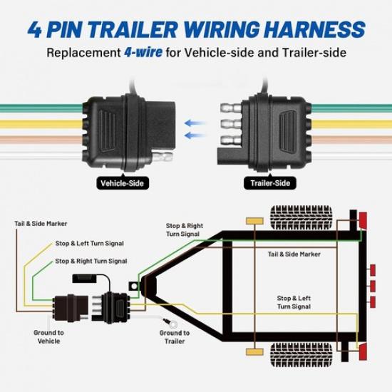 4 Pin Trailer Wiring Harness w/Dust Cover, 16AWG 48-Inch Vehicle & Trailer-Side
