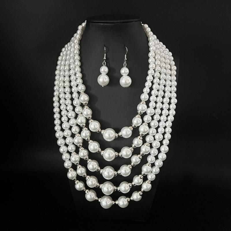 Fashionable Layering Artificial Pearls Necklace With Matching Studs Comfortable Daily Wear Accessories