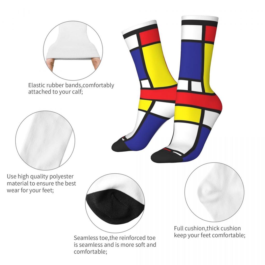 Piet Mondrian Socken Abstrakte Geometrische Kunst Rot Blau Gelb Rechtecke Strümpfe Herren Radsocken Herbst Antibakterielle Socken