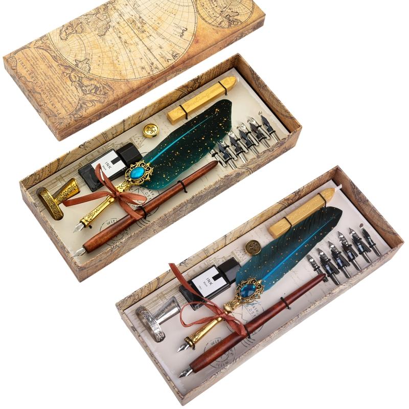Exquisite Dip Pen Set Wax Stick Set Calligraphy Feather Pen Kit 10Pcs Replacement Nibs for Invitations Letters Writing