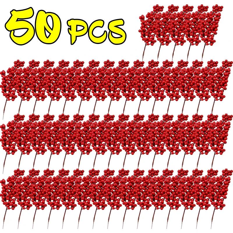 50/1PCS Christmas Red Berry Branches Artificial Holly Berries Stamen Fake Flowers Plants Ornaments for New Year Party Home Decor