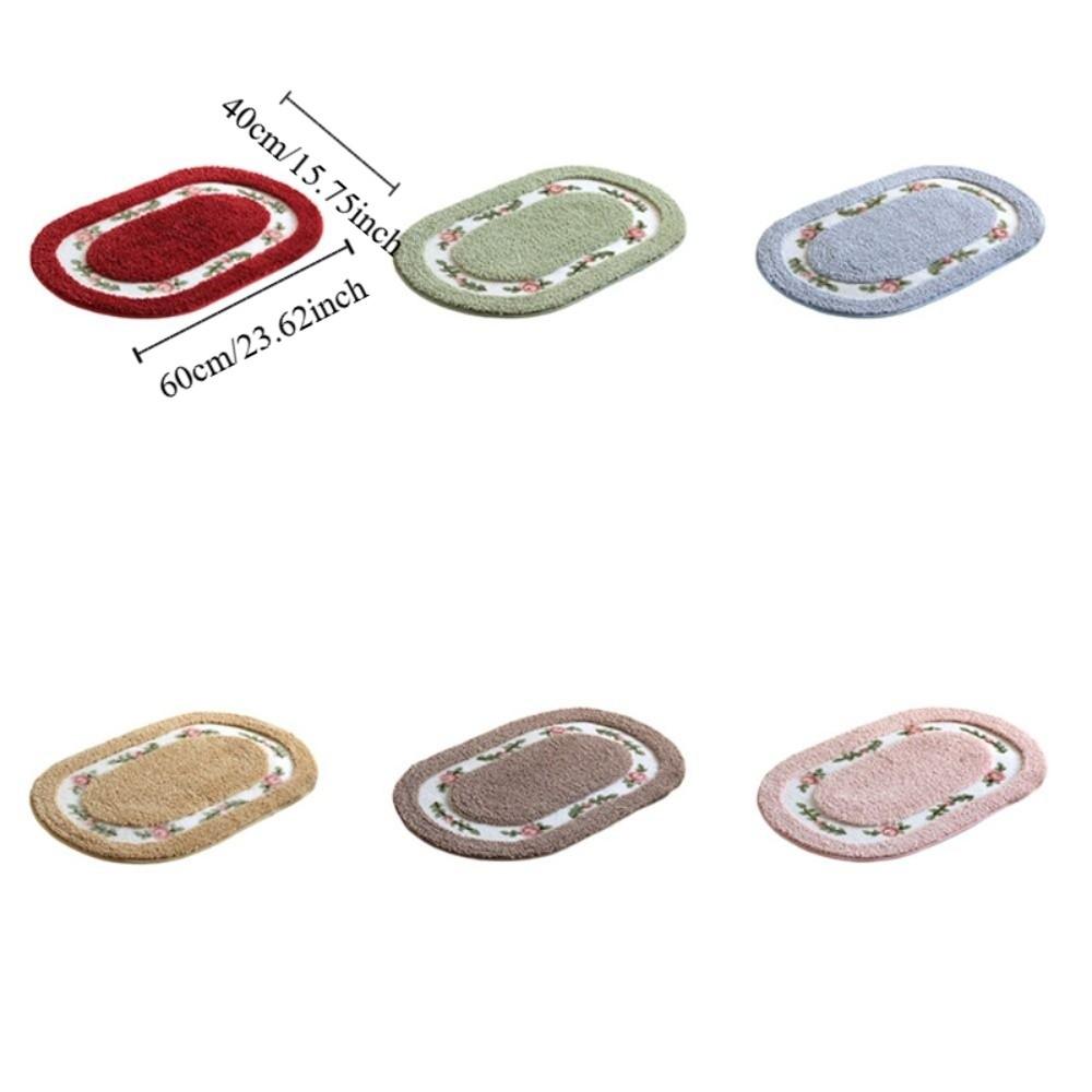 Practical Fluffy Rose Pattern Door Mat Nonslip Absorbent Bath Mat Thickened Pastoral Style Oval Floor Rug Porch