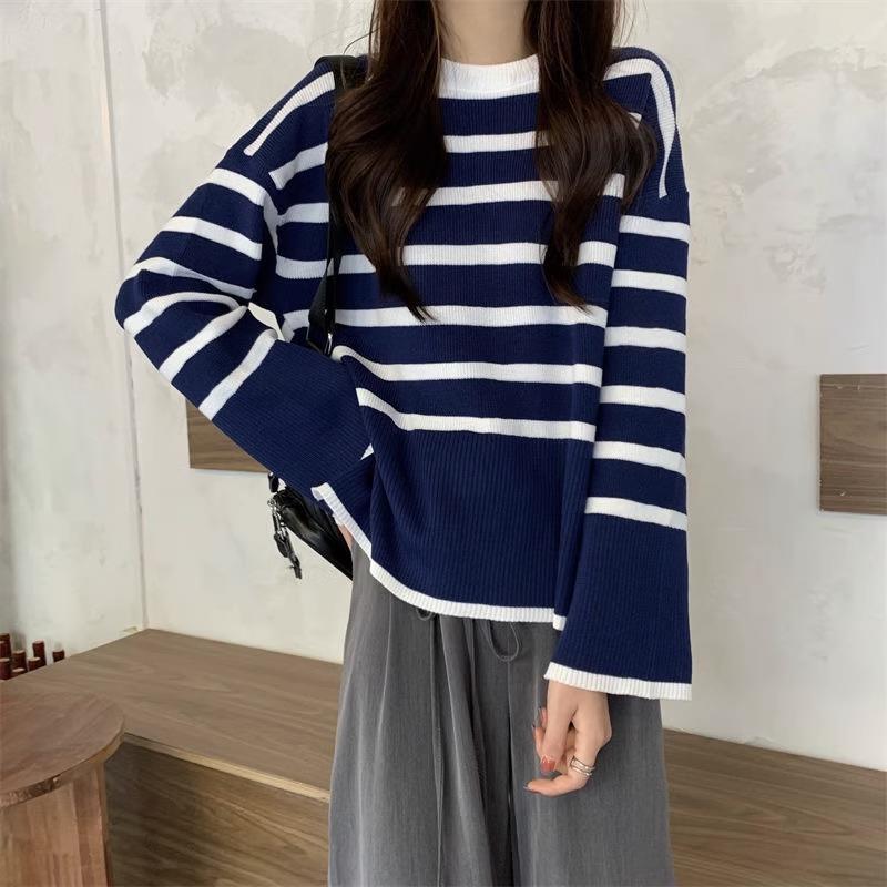 Designed Retro Striped Long-sleeved Sweater for Women In Spring and Autumn New Style Sweater Niche Loose Slimming Top for Women