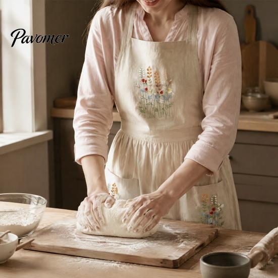 Adjustable Professional Chef Apron Kitchen with Pockets, Durable Washable Apron, Cross Fabric Cooking Back Design, Hand-Embroidered Heavy Duty Utility