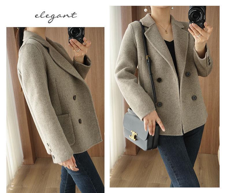 Women's Petite Double-Breasted Wool Cashmere Coat - Autumn/Winter Suit Collar Overcoat
