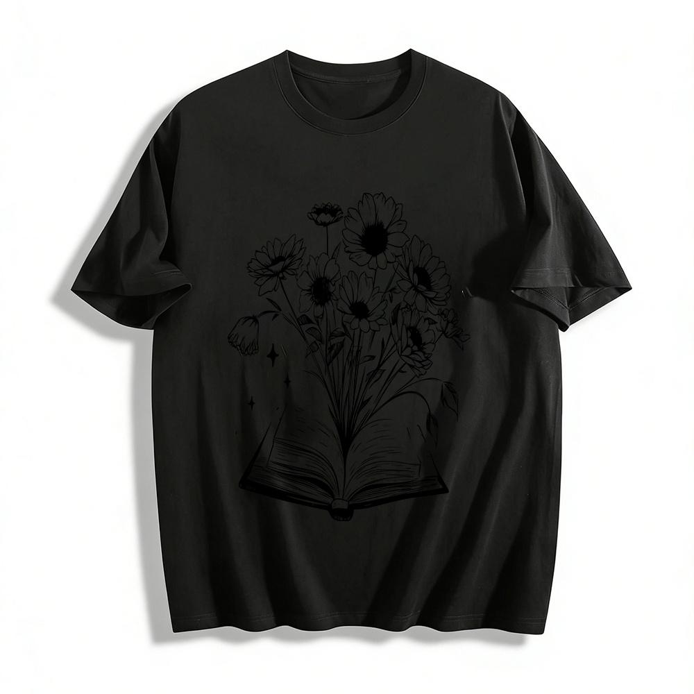 Floral Book Print Casual Top Literary Artistic Tee Pure cotton T-shirt XXS
