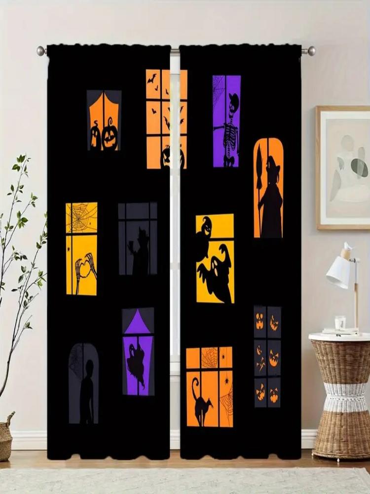 Set Of 2 Halloween Themed Pattern Printed Curtains Window Decorations Home Room Curtain Made Polyester