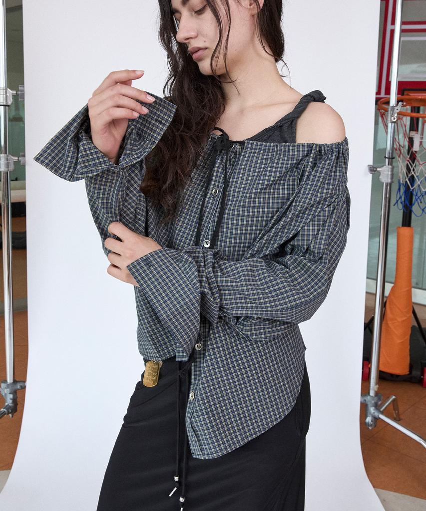 Holpeipeo Check Three-Way Shirt Skirt (Deep Green)