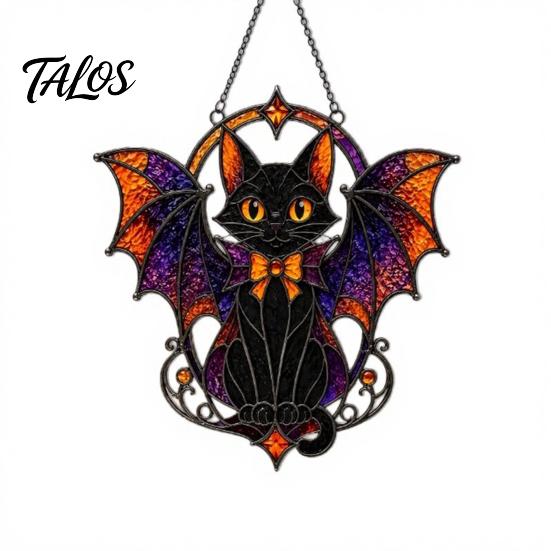 Cute Animal Themed Gift Halloween Bat Cat Suncatcher, Stained Glass Style Acrylic Sun Catcher, Gothic Black Catcher Hanging Ornament for Home