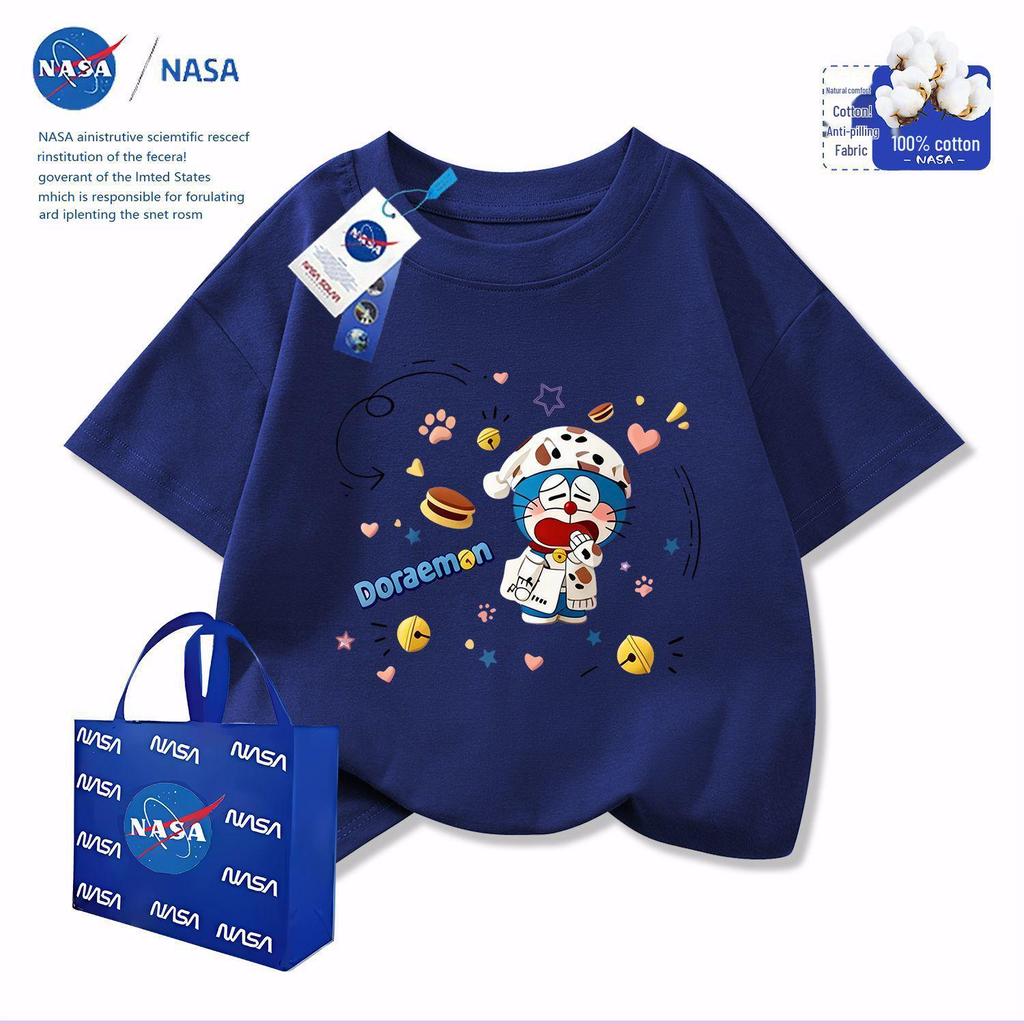 NASA x Doraemon Kinder-Baumwoll-T-Shirt mit Rundhalsausschnitt und Stickerei, Kurzarm