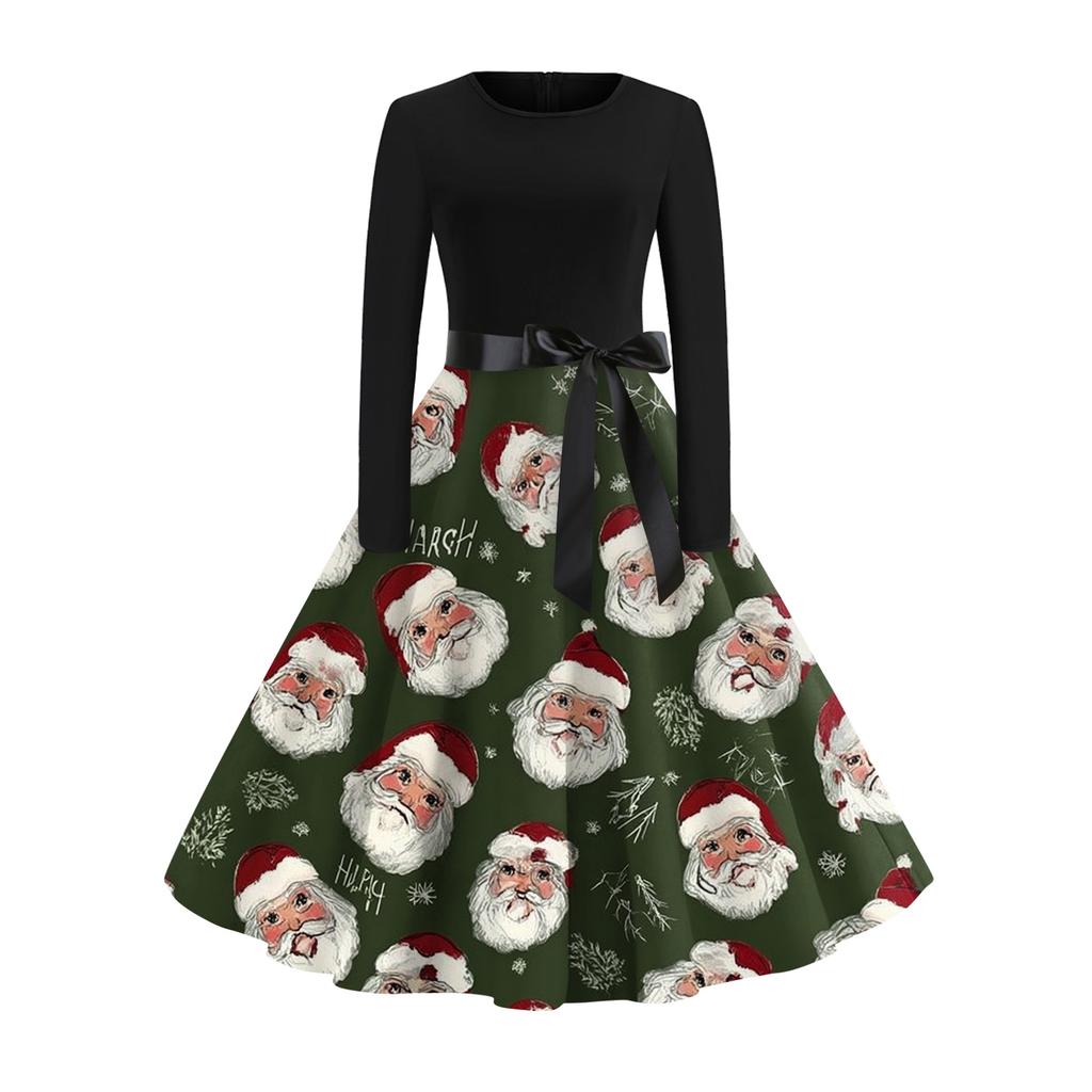 Women's Fashionable And Elegant Autmn And Winter Long-sleeved Round Neck Christmas Print Dress