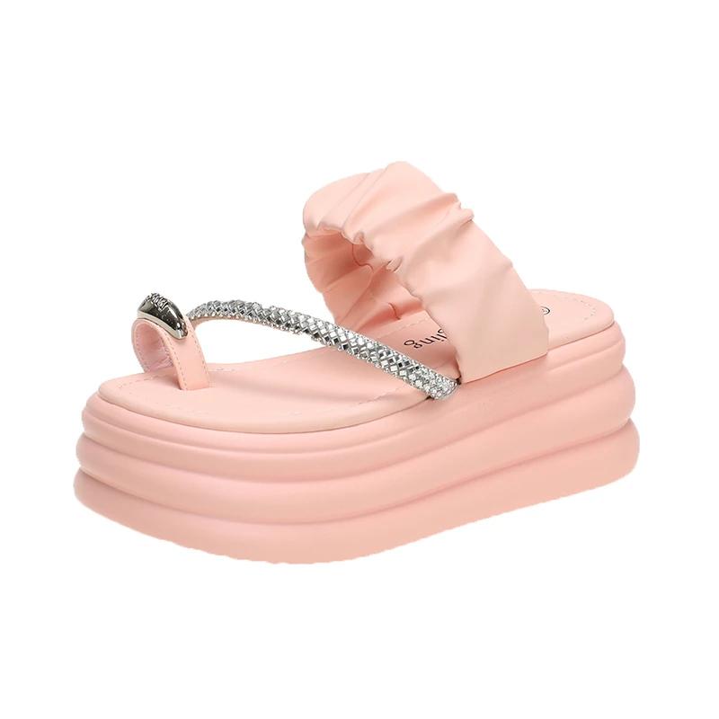 Fashion Women Summer Bling Chunky Slippers High Platform Flip Flops 7.5CM Wedge Heels Slides Sweet Girl Sandals Open Toe Beach Slippers