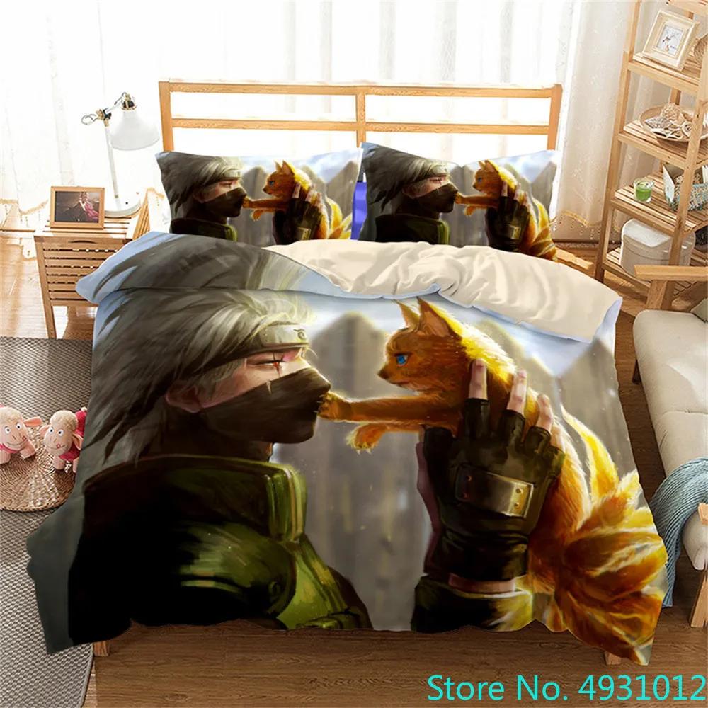 N-Naruto Påslakan Set Anime Kuddfodral Täckeöverdrag Sängkläder Påse Set Queen King Size 3D Digitaltryck Barn Hemtillbehör