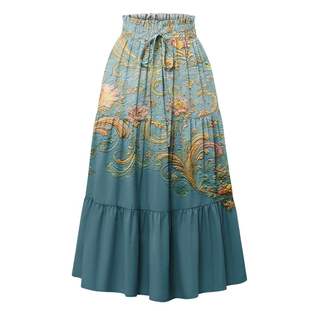 Womens Maxi Skirt Drawstring High Waisted Summer Long Skirts Lightweight Tiered Flowy Floral Pleated Skirts