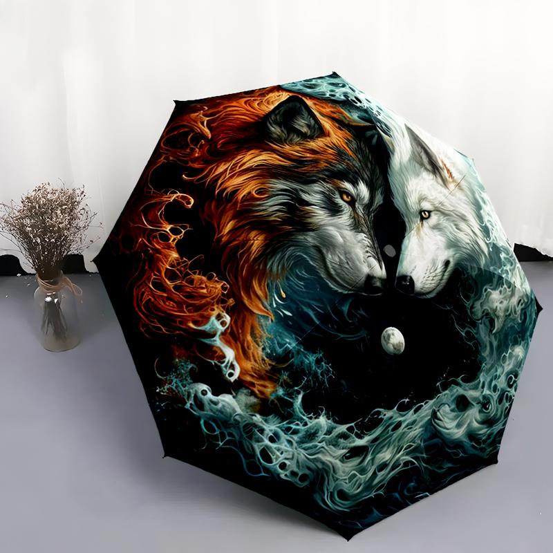 

1pc Wolf Theme pattern Umbrella Portable Folding Umbrella Iron Frame Hole Bone Structure Outdoor Home Umbrella