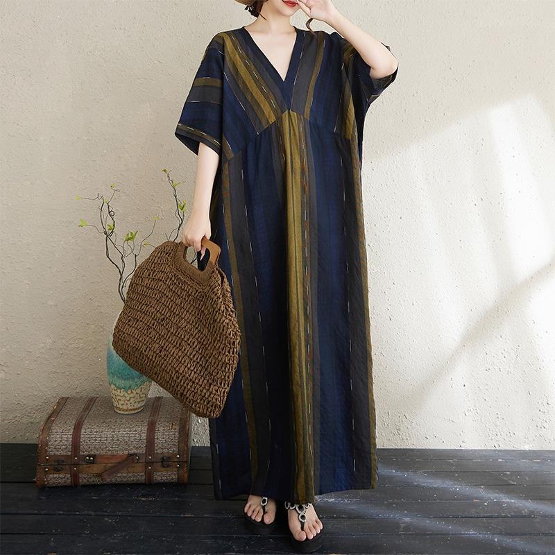 

Dimanaf Новое женское летнее платье большого размера 2025 с V-образным вырезом, базовое повседневное платье из льна с коротким рукавом, свободное длинное платье One Size синий