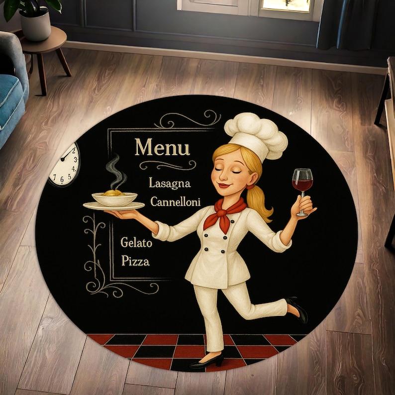 

Blonde Chef Round Kitchen Rug, Retro Menu Design Cooking Mat for Dining Room,Non-Slip Cafe Theme Decor,Fun Restaurant Style Gift Diameter 100cm