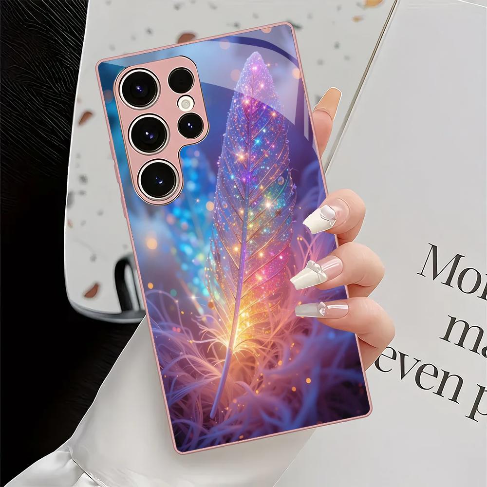 Colorful feather patterned glass phone case suitable for Samsung Galaxy S26 S25 S24 S23 S22 S20 FE/Ultra/Plus shockproof