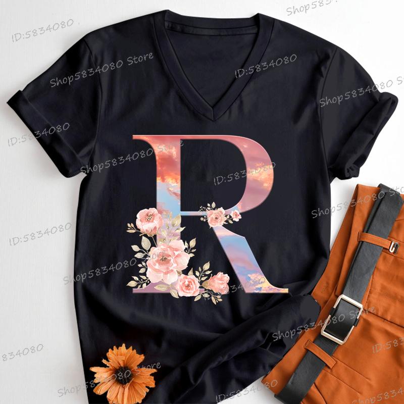 Womens Clothing Pink Flower Alphabet Classic Top Sky Alphabet Cartoon Tshirt FeUnisex Floral Letters A B C D Birthday Gift Shirt