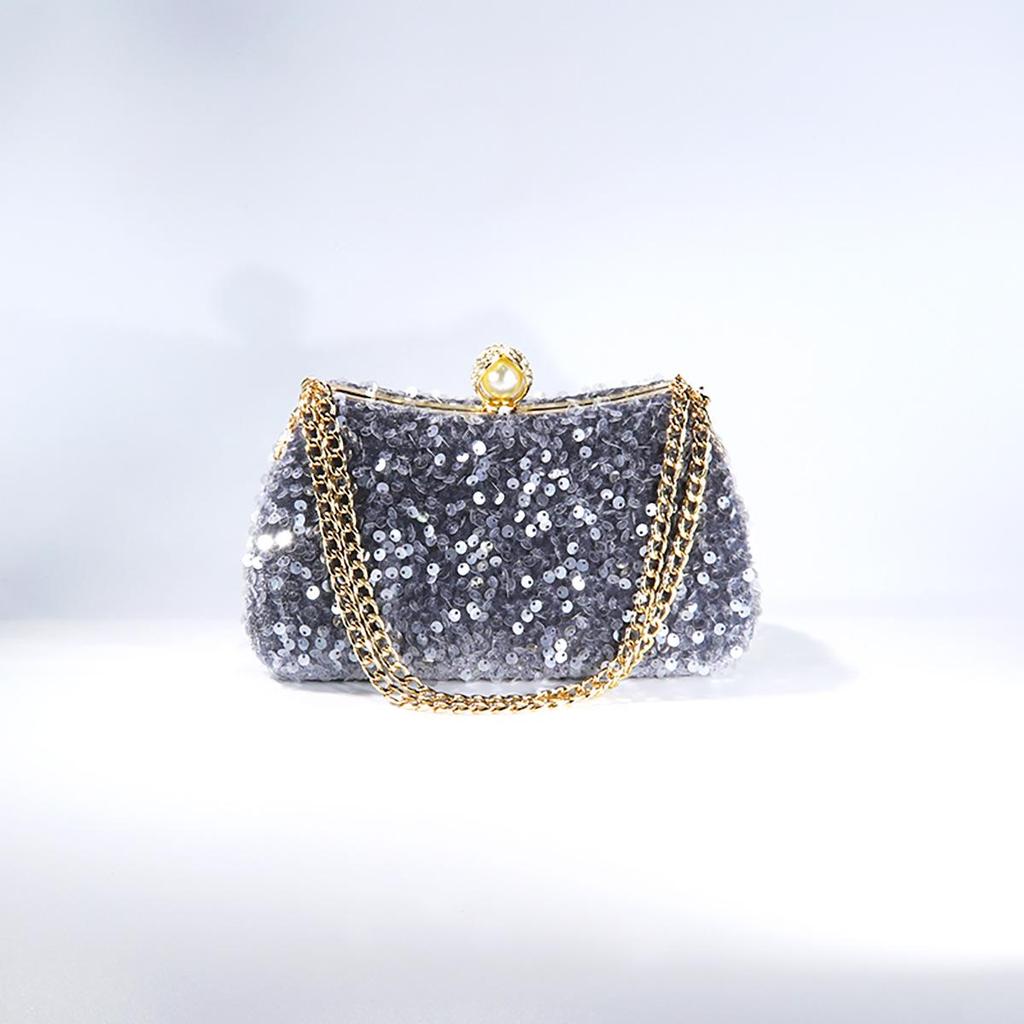 Pearl Sequin Crossbody Bag: Elegant European & American Style, Double Chain, Solid Color, Luxury Shoulder Evening Accessory