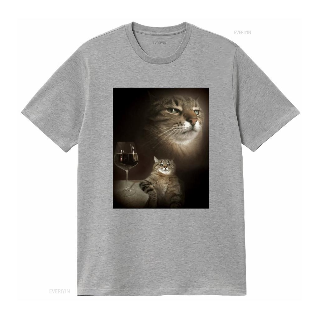 Funny Cat and Wine Art Print T Shirt for Lovers vintage Washed Comfortable streetwear fashion Soft Stretched Casual