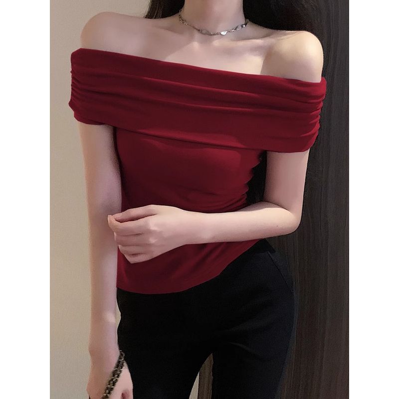 

American Retro Sexy Stylish off-Shoulder Short Sleeve T-Shirt Women s off-Shoulder Chic Sexy Tight Bottoming Shirt Burgundy S