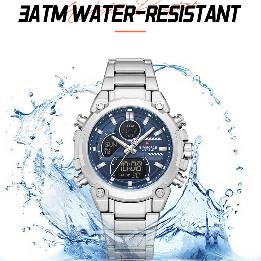 Naviforce Men Dual Time Watch Quartz Movement LCD Digital Chronograph Luminous Hands Stainless Steel Strap Waterproof Men Watch NF9278