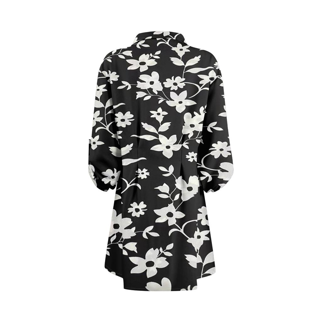 Damen Locker sitzendes V-Ausschnitt Langarmkleid Druck Arbeitshemdkleid